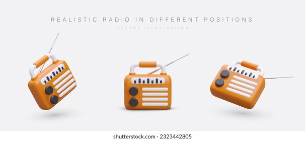 Realistic radio receiver with carrying handle. Radio equipment with antenna. Retro classic device for listening to music and news. Isolated image in cartoon style