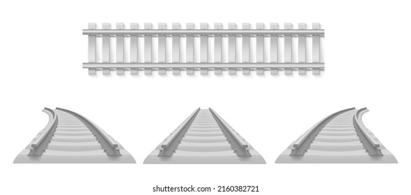 Realistic railway set vector illustration. Collection metallic train track straight, turn, top view, perspective. Industrial tram line, road for locomotive wagons with rails, fastening concrete ties