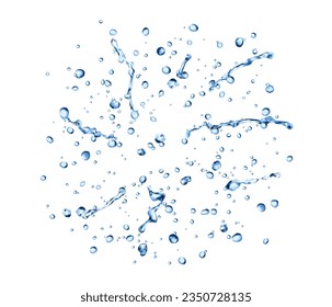 Realistic rain blue water drops and splatters. Realistic 3d vector small translucent droplets formed when water condenses or falls. They shimmer, cling, create ripples, refreshing and reflecting light