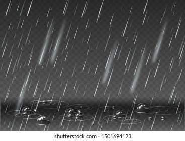 Realistic rain with bubbles on the floor. Transparent background.