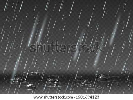 Realistic rain with bubbles on the floor. Transparent background.