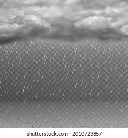 Realistic rain cloud. Dark stormy sky, falling water drops, clouds and ripples in puddles. Rainy weather effect isolated vector background. Illustration dark storm and rainy sky