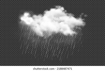 Realistic rain cloud with drops, raincloud, rainfall, rainstorm, cyclone weather. Isolated vector 3d white fluffy spindrift or cumulus cloud with pouring water droplets. Rainy autumn weather forecast