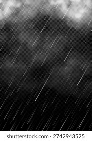 Realistic rain and clouds isolated on dark background. Vector illustration of summer or autumn atmospheric precipitation. 3d rainy weather overlay transparent effect. cloudy and rainy weather.