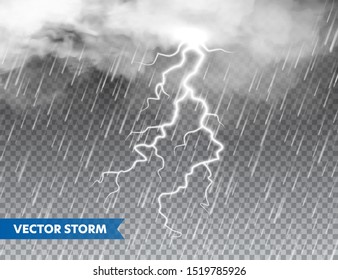 Realistic rain with clouds and lightning on transparent background. Thunderstorm, stormy weather effect. Rainfall, water drops effect. Autumn wet rainy day. Vector illustration.