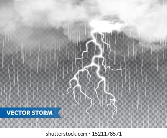 Realistic rain with clouds and lightning on transparent background. Thunderstorm, stormy weather effect. Rainfall, water drops effect. Autumn wet rainy day. Vector illustration.
