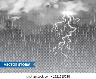 Realistic rain with clouds and lightning on transparent background. Thunderstorm, stormy weather effect. Rainfall, water drops effect. Autumn wet rainy day. Vector illustration.