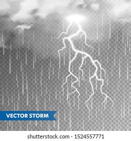 Realistic rain with clouds and lightning on transparent background. Thunderstorm, stormy weather effect. Rainfall, water drops effect. Autumn wet rainy day. Vector illustration.