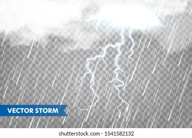 Realistic rain with clouds and lightning on transparent background. Thunderstorm, stormy weather effect. Rainfall, water drops effect. Autumn wet rainy day. Vector illustration.
