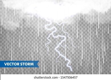 Realistic rain with clouds and lightning on transparent background. Thunderstorm, stormy weather effect. Rainfall, water drops effect. Autumn wet rainy day. Vector illustration.