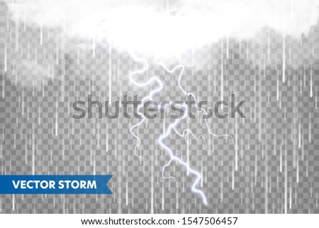 Realistic rain with clouds and lightning on transparent background. Thunderstorm, stormy weather effect. Rainfall, water drops effect. Autumn wet rainy day. Vector illustration.