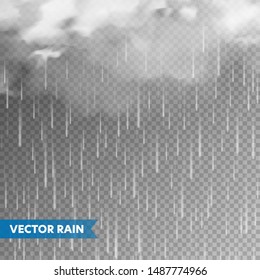 Realistic rain with clouds on transparent background. Rainfall, water drops effect. Autumn wet rainy day. Vector illustration.