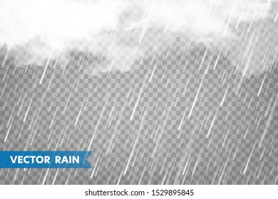 Realistic rain with clouds on transparent background. Rainfall, water drops effect. Autumn wet rainy day. Vector illustration.