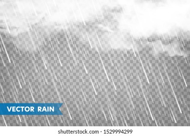 Realistic rain with clouds on transparent background. Rainfall, water drops effect. Autumn wet rainy day. Vector illustration.
