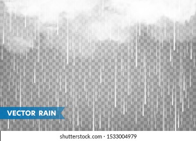 Realistic rain with clouds on transparent background. Rainfall, water drops effect. Autumn wet rainy day. Vector illustration.