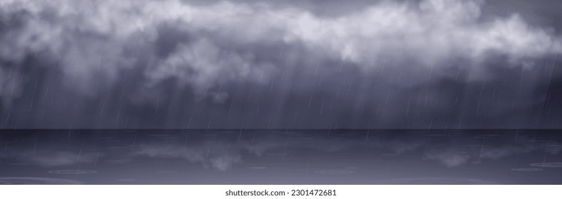 Lluvia real cayendo de las nubes grises. Ilustración vectorial de lluvias y niebla transparentes, clima tormentoso y cielo sombrío de otoño, clima húmedo, fenómeno natural. Elemento de diseño de calle húmeda