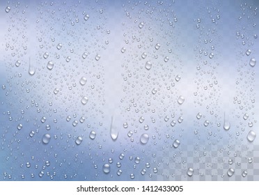 La lluvia realista cae sobre el trasfondo transparente. Vector