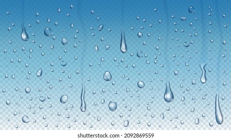 Realistic rain drops on window glass, steam shower condensation. Raining water droplets, clear raindrops on transparent vector background. Blue gradient backdrop with flowing blobs