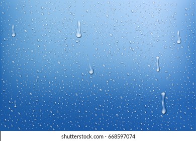 Realistic rain drops. Water background with water drops. Blue water bubbles. Vector illustration isolated