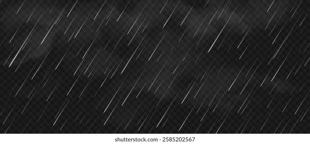 Realistic rain. Falling raindrops with white fog. Realistic rain background, rainy sky effect, autumn or spring rainfall. Vector isolated fall weather texture.