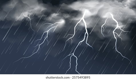 Realistic rain with lightning. Thunderclouds and lightnings on dark sky. Rainy thunderstorm autumn weather. Thunderbolts in overcast sky vector background.