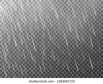Realistic rain on transparent background. Falling water drops. Rainfall texture. Rain storm. Rainy cloudy backdrop. Vector illustration.