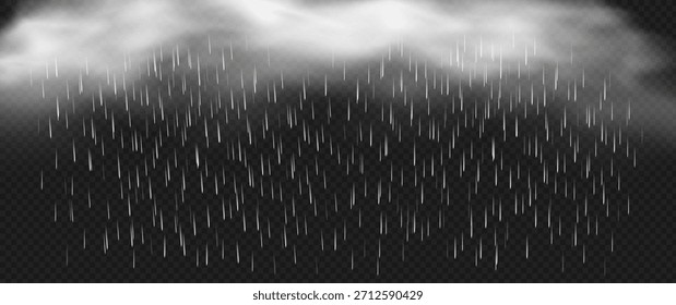Realistic rain on a transparent background. Rain with fog. Raindrops. Rainy weather effect. Vector illustration.