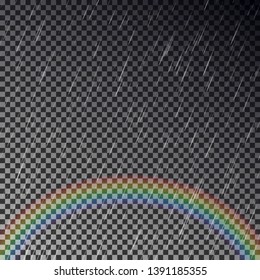 Realistic rain with rainbow transparent effect template isolated on dark background. Nature rainfall on checkered background. Vector rainbow illustration.