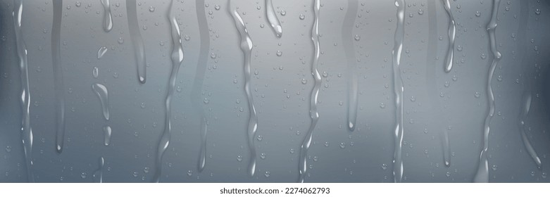 La ducha de lluvia realista baja por el fondo vectorial. 3 quinquies de flujo de agua en el patrón de vidrio de ventana. Flujo de precipitación en la plantilla de ilustración de efecto de superficie impermeable. La humedad estira el fondo acuático.