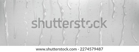 Realistic rain shower drops down vector background. 3d water flow on window glass pattern. Raindrop stream on waterproof surface effect illustration template. Moisture streaks clear aqua backdrop.