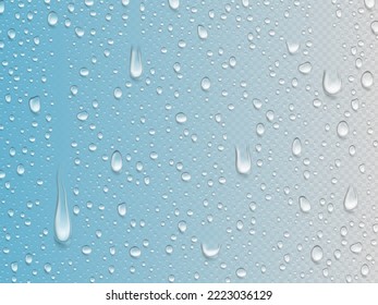 Realistic rain shower drops on glass. Water dropping texture, waterdrops on window. Transparent droplets background, pithy condensation vector elements