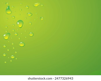 Realistic rain or spray water drops on green background. blank area for writing text right side.