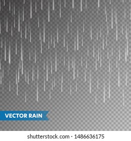 Realistic rain texture on transparent background. Rainfall, water drops effect. Autumn wet rainy day. Vector illustration.