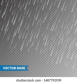 Realistic rain texture on transparent background. Rainfall, water drops effect. Autumn wet rainy day. Vector illustration.