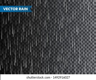 Realistic rain texture on transparent background. Rainfall, water drops effect. Autumn wet rainy day. Vector illustration.