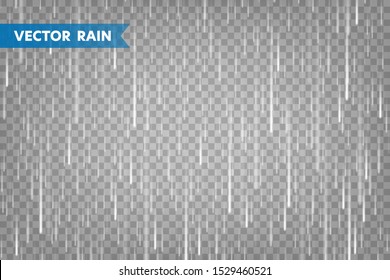 Realistic rain texture on transparent background. Rainfall, water drops effect. Autumn wet rainy day. Vector illustration.