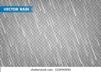 Realistic rain texture on transparent background. Rainfall, water drops effect. Autumn wet rainy day. Vector illustration.