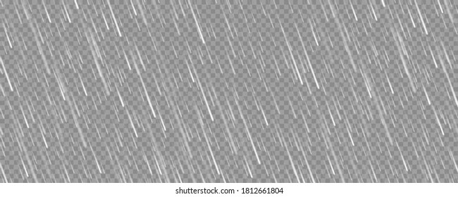 Realistic rain texture on transparent background. Rainfall, water drops effect. Autumn wet rainy day. Vector illustration.