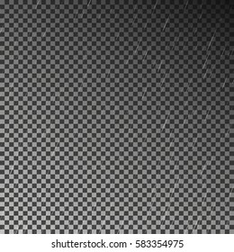 Realistic Rain transparent effect template isolated on dark background. Falling water drops texture. Nature rainfall on checkered background. Weather backdrop Eps10. Vector illustration.