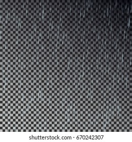Realistic rain transparent effect template isolated on dark background. Falling water drops texture. Nature rainfall on checkered background. Weather backdrop Eps10. Vector illustration.