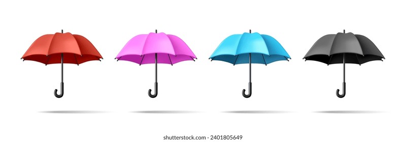 Realistic rain umbrella set of illustrations, 3d render cartoon style volume graphics in different colours