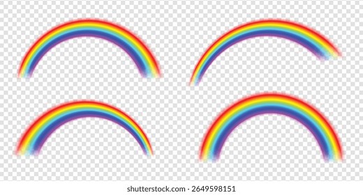 Arco-íris realista isolado em fundo transparente e branco com espectro de luz colorido vibrante céu natural símbolo de chuva claro tempo vetor ilustração para design gráfico