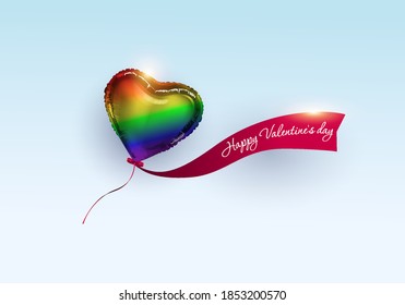 Realistic rainbow balloon in the shape of a heart on a light background with a ribbon and lettering. lgbt community.Vector symbol of the holiday of Valentine's Day, wedding or romantic Dating