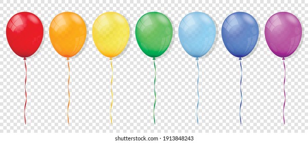 Realistic rainbow balloons on transparent background. Vector illustration.