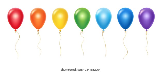 Realistic rainbow balloons vector set. Balloons with ribbons isolated on white background. Balloon realistic for festival, flying helium ball illustration