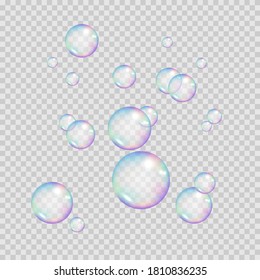 Realistic rainbow color bubbles. Colorful soap bubbles. Vector illustration isolated on transparent background