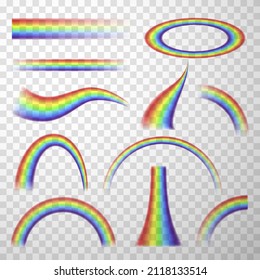 Ilustración vectorial de colección de formas diferente realista. Efecto multicolor natural translúcido que va de lejos a primer plano aislado en transparente. Fantasía curvada de la imagen tras la lluvia en el cielo