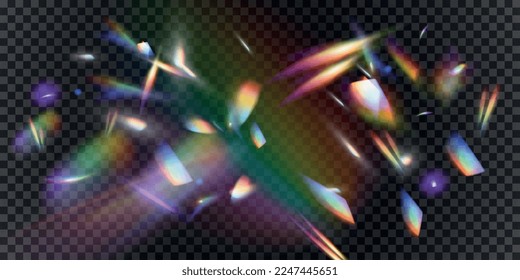 Efecto arco iris realista conjunto de partículas voladoras borrosas y reflejos de diferente forma sobre ilustración vectorial de fondo transparente