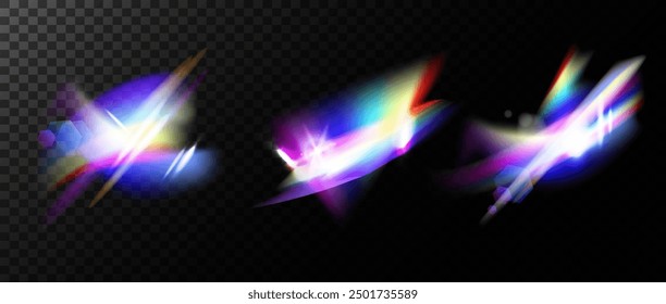 Elementos realistas de la luz de la reflexión de las llamaradas del arco iris con el sistema de Vector del efecto de la superposición. Efectos de reflexión de deslumbramiento de fugas iridiscentes de cristal. Luces ópticas iridiscentes. Ilustración vectorial