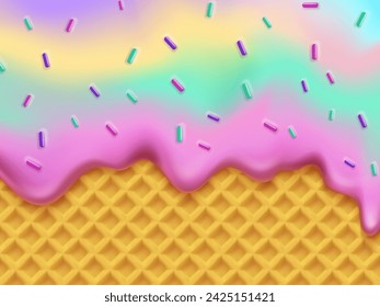 Realistic rainbow ice cream drip melt with candy sprinkles on wafer, vector background. Waffle pattern and texture with sweet syrup or ice cream melt with rainbow flow and candy caramel sprinkles